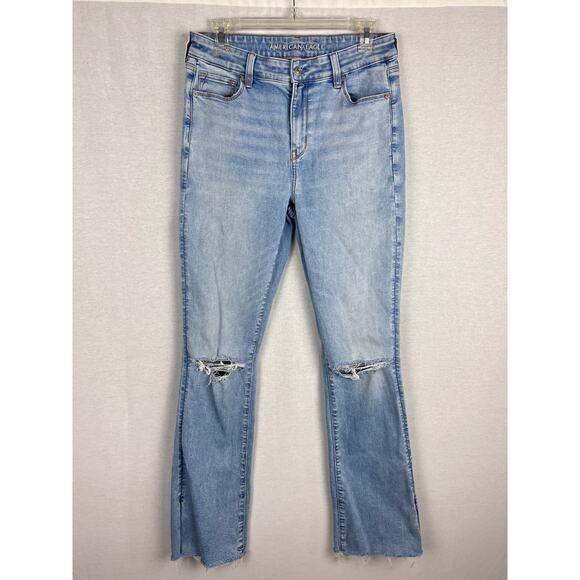 American Eagle Jeans Skinny Kick Boot Cut Denim Boho Distressed Western Cowgirl - Picture 1 of 9